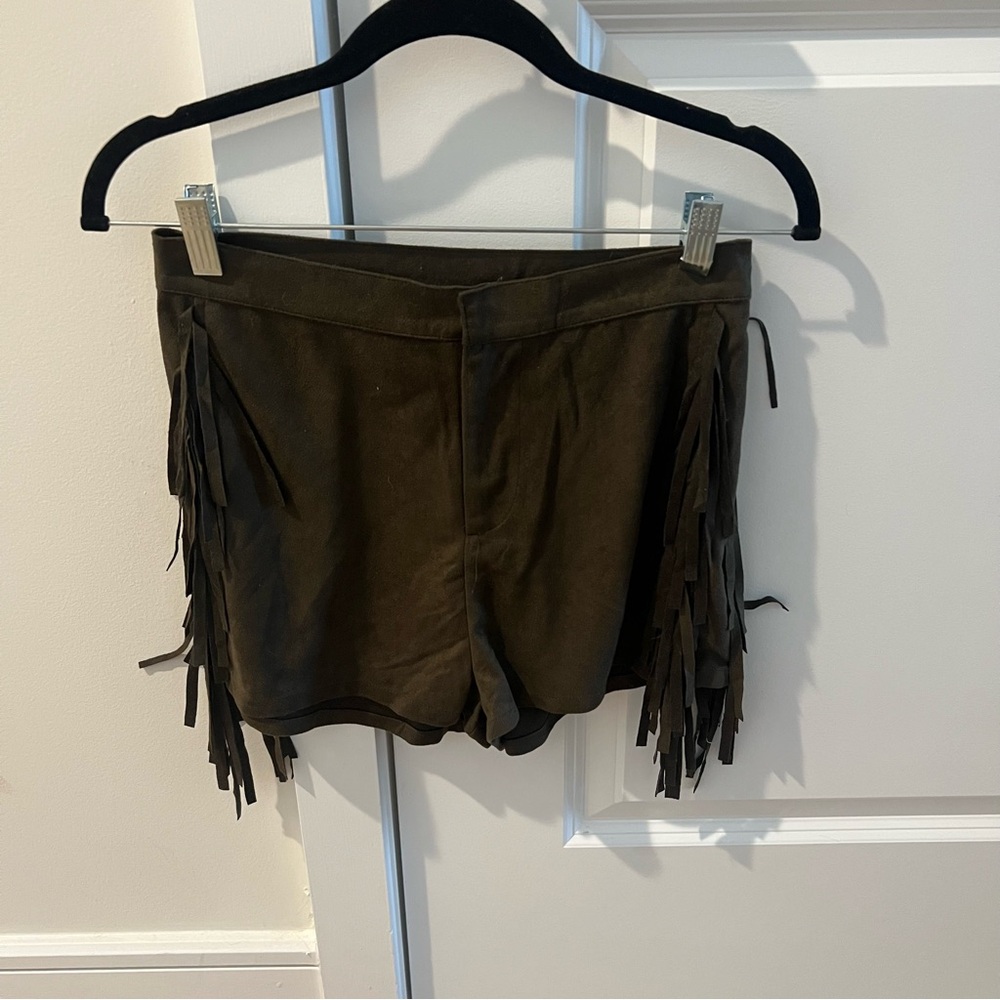 Suede Olive High Waisted Shorts with Fringe